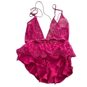 For‎ Love & Lemons Pink Lace Teddy Lingerie Ruffle Plunge NWT